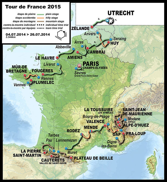 2015 Tour de France route map.  Courtesy Wikipedia.