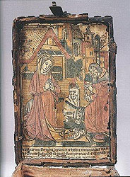 Master of the Pres Petites Heures of Anne of Brittany THE NATIVITY wood box iron fittings key and chain Paris, c1490-1500  Courtesy Hindman Gallery.  All rights reserved.