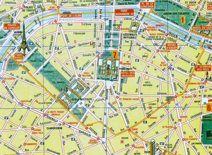 Map of Paris' Seventh Arrondissement .  Michelin Permission No. 9707392 given to Cold Spring Press.