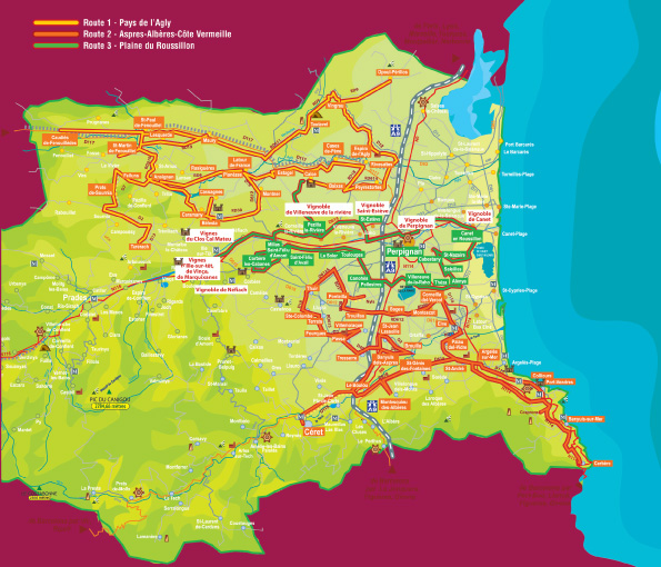 Three wine routes of the Pyrénées-Orientales.  Courtesy Pyrénées-Orientales tourism web site