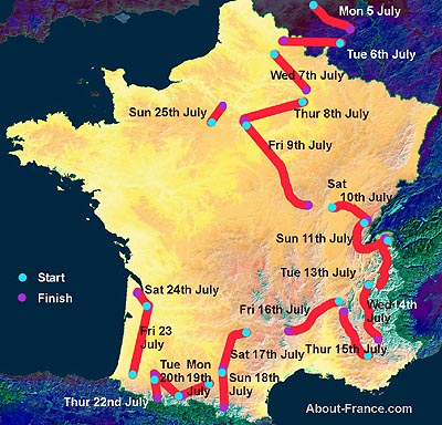 Route of the 2010 Tour de France.  Map used with the permission of http://about-france.com/